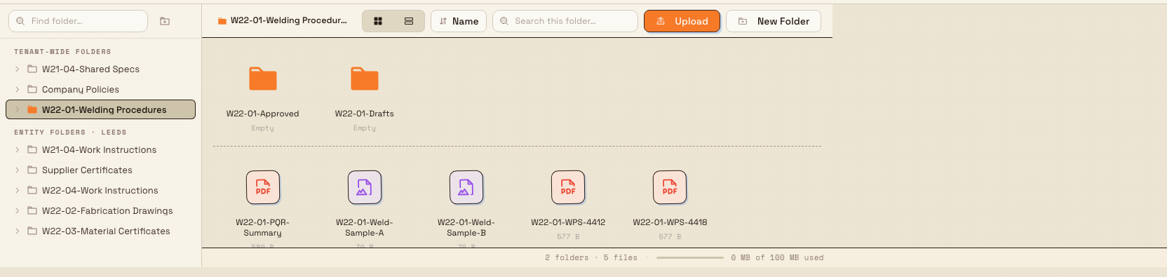 The Files page showing the folder sidebar, a toolbar, a grid of folders and files, and a storage meter in the status bar.