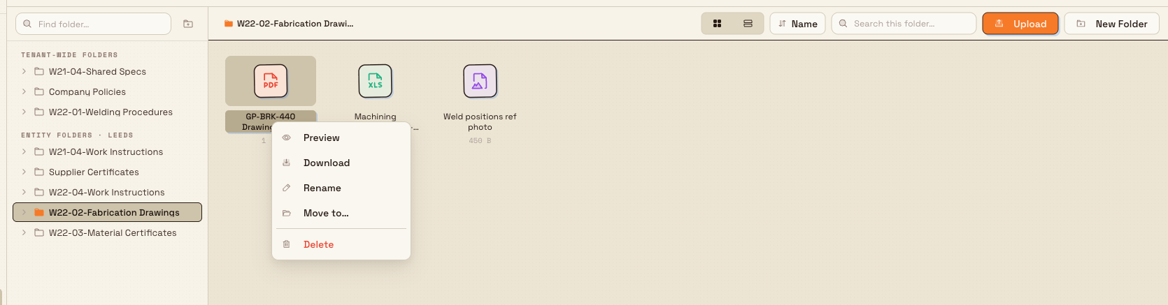 The Files page with a right-click menu open on a PDF, listing Preview, Download, Rename, Move to and Delete.