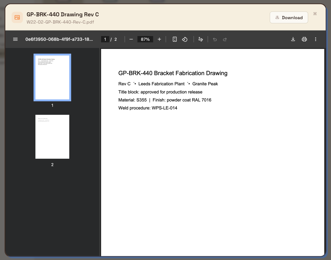 A file preview window showing a PDF drawing, with the file name, original file name, and a Download button in the header.
