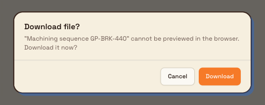 A Download file? confirmation dialog explaining the file cannot be previewed in the browser, with Cancel and Download buttons.