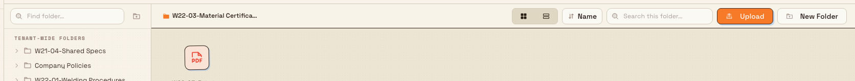 The Files folder toolbar with the Upload button visible after a folder is selected.