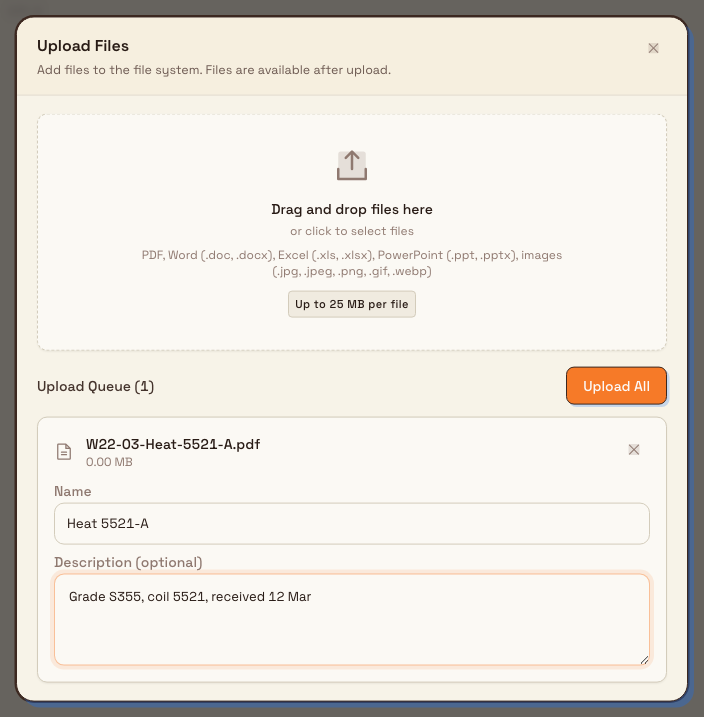 The Upload Files dialog showing a drop zone, a queued PDF, editable name and description fields, and the Upload All button.