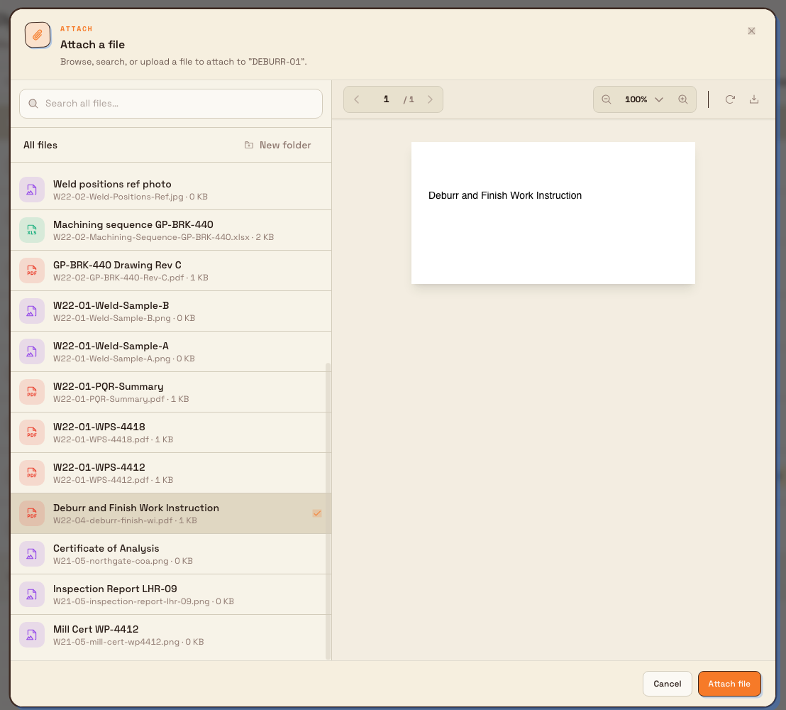 The Attach a file dialog with a PDF selected on the left and previewed on the right, and an active Attach file button.