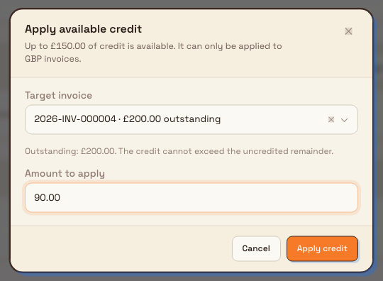The Apply available credit dialog with a target invoice chosen and an amount entered, ready to apply.