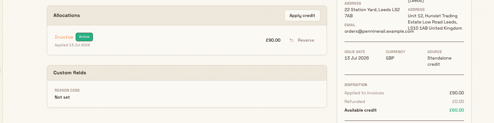 The Allocations card listing an active allocation with a Reverse action, next to a reduced available-credit figure.