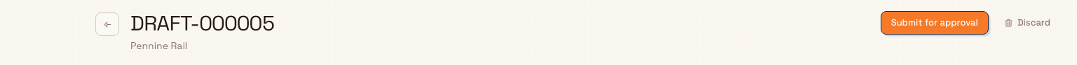 Draft invoice header with the Submit for approval button in the toolbar.