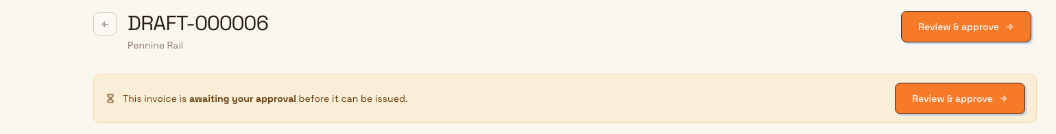 Invoice detail banner reading that the invoice is awaiting your approval, with a Review and approve button.