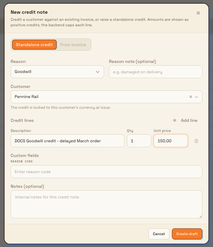 The New credit note dialog in Standalone credit mode with a goodwill reason, a selected customer, and one credit line filled in.