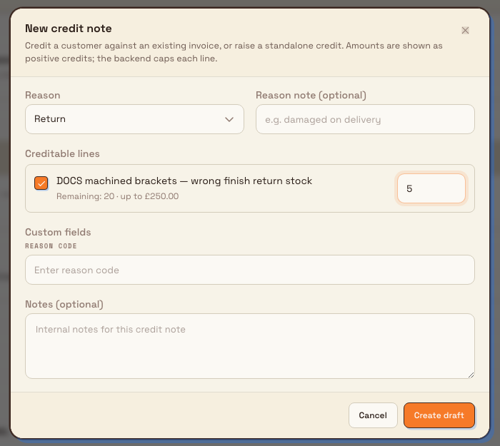The New credit note dialog opened from an invoice, showing creditable lines with one line selected and a partial credit quantity entered.