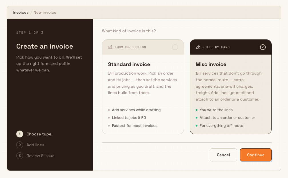 Create an invoice screen with the Misc invoice option selected and a Continue button.