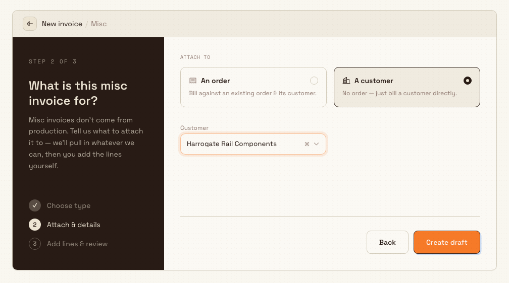 Misc invoice attach step with 'A customer' selected and a customer chosen, ready to create the draft.