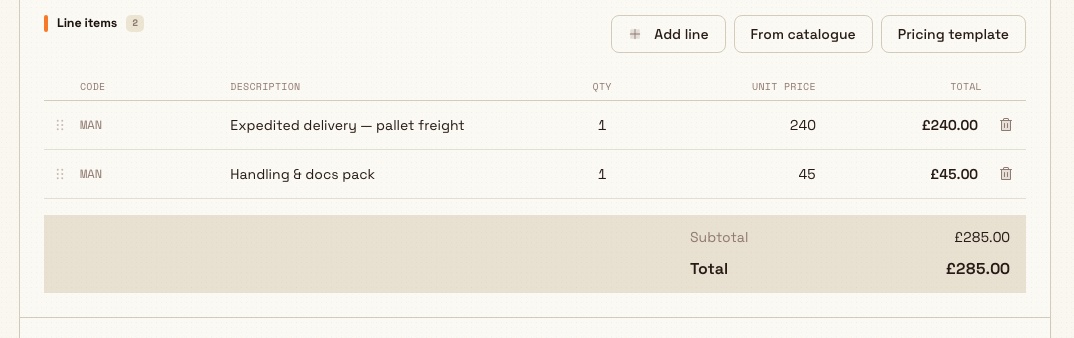 Editable misc invoice line items grid with manual freight lines and a running subtotal and total.