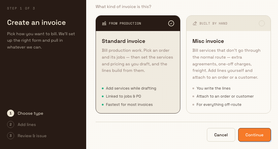 New invoice type chooser with the Standard invoice card selected next to the Misc invoice card.