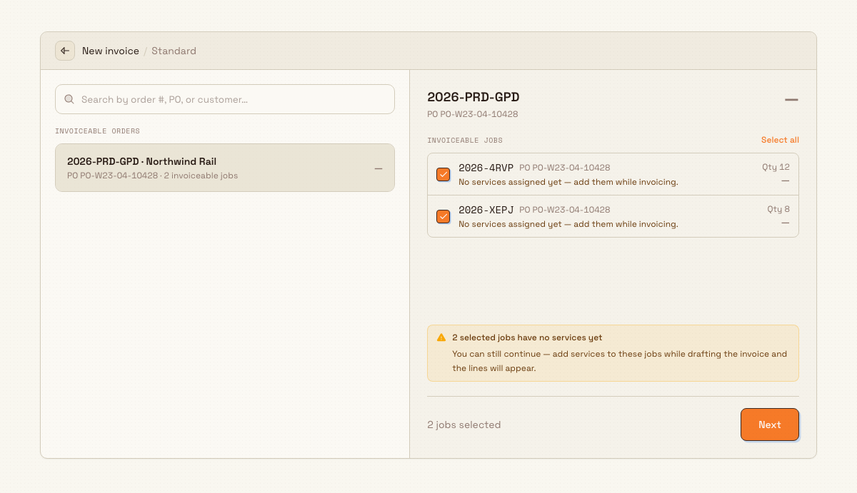 Standard new-invoice screen with an order selected and its invoiceable jobs checked, ready to continue with Next.