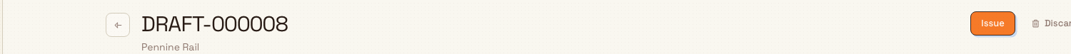 A ready invoice draft header with Issue and Discard actions.