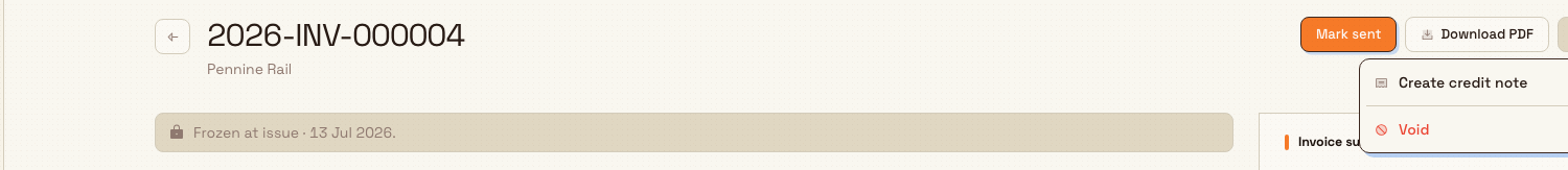 An issued invoice header with Mark sent and an overflow menu containing Create credit note and Void.