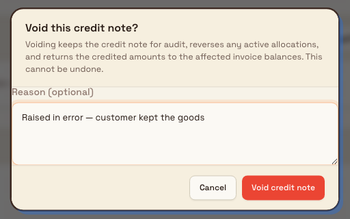 The Void this credit note confirmation dialog with an optional reason field and a red Void credit note button.