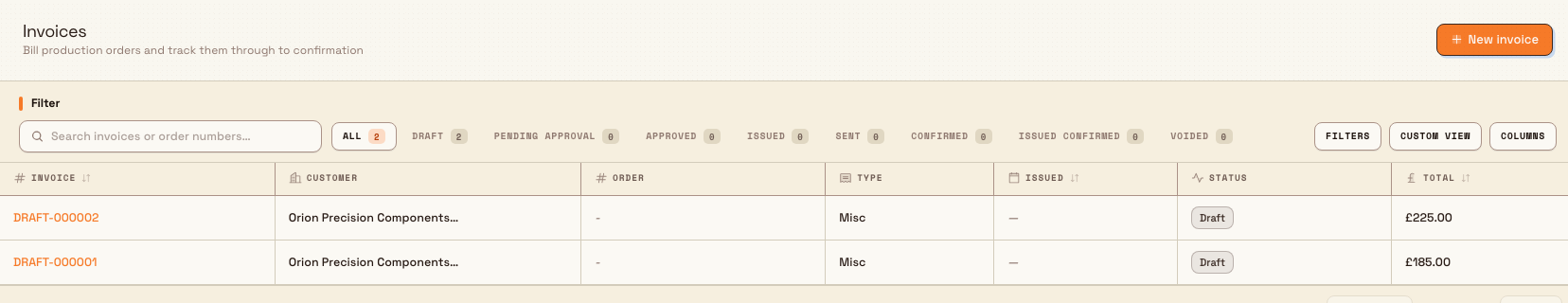 The Finance invoice list with search and status filters above two miscellaneous draft invoices.