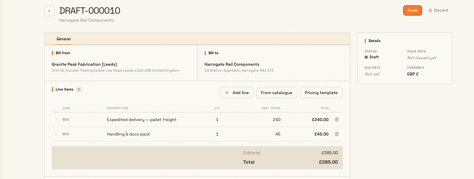 A populated miscellaneous invoice draft with billing parties, two priced lines, totals, and a details summary.