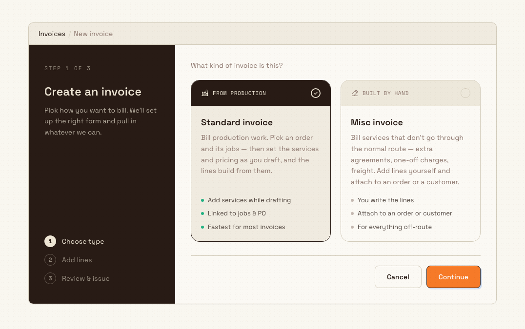 The Bulk invoice type chooser showing the Standard invoice card selected next to the Misc invoice card, with a three-step progress rail.