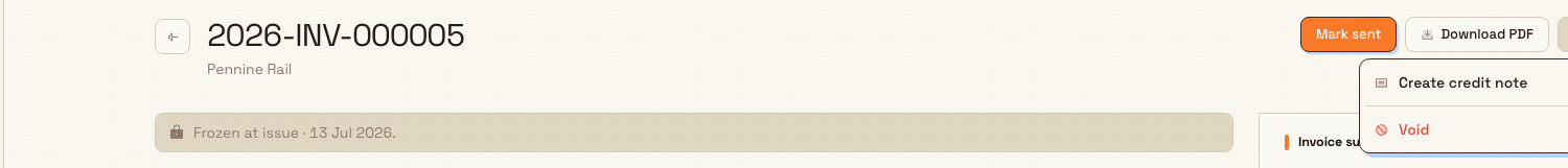 Invoice detail header with the More invoice actions menu open, showing a red Void option beneath Create credit note.