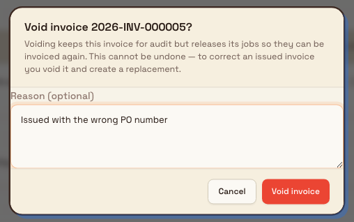 Void invoice confirmation dialog with an optional reason field and a red Void invoice button.
