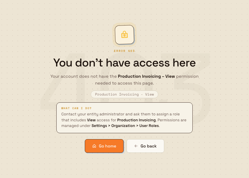 The Bulk 'You don't have access here' 403 page showing a missing-permission badge in Area – Action form, a 'What can I do?' help box, and Go home and Go back buttons.