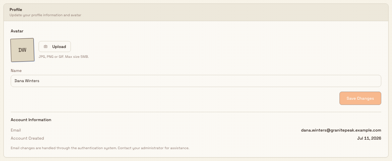 The Bulk Account page Profile card with an avatar uploader, a Name field with a Save Changes button, and a read-only Account Information list.