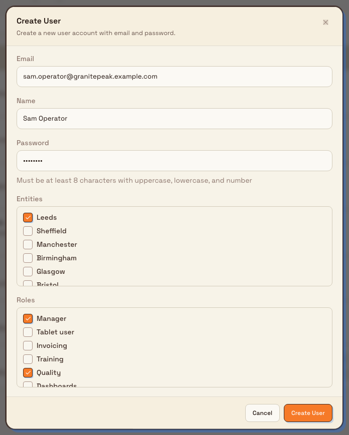The Create User dialog filled with Sam Operator’s email and name, a starter password, Leeds selected under Entities, and Manager and Quality selected under Roles.