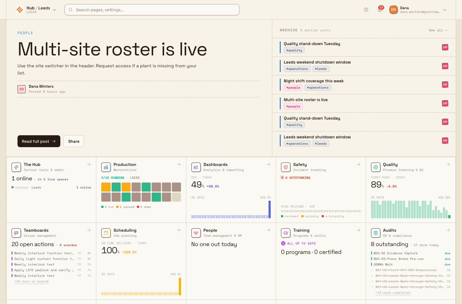 The Bulk Home launcher showing a grid of module tiles for areas such as Production, Quality, Safety, and Scheduling, with the plant switcher and account controls in the top header.
