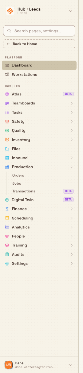 The Bulk navigation sidebar showing the Platform group with Dashboard and Workstations, the Modules group, and the Production section expanded to reveal Orders, Jobs, and Transactions.
