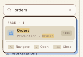 The Bulk sidebar search with the word orders typed, showing a live result for the Orders page under the path Production and a set of keyboard hints.