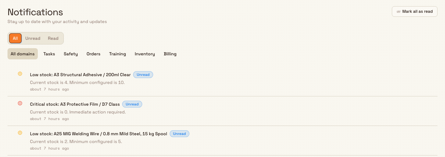 The Bulk Notifications page showing the read-state filter, area chips, and a list of notification rows, one tagged Unread, with a Mark all as read button in the header.