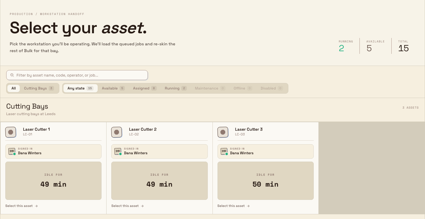 The Bulk Select asset launcher: a 'Select your asset.' header with Running, Available, and Total counts, a filter toolbar, and a grid of station tiles grouped under an asset line.
