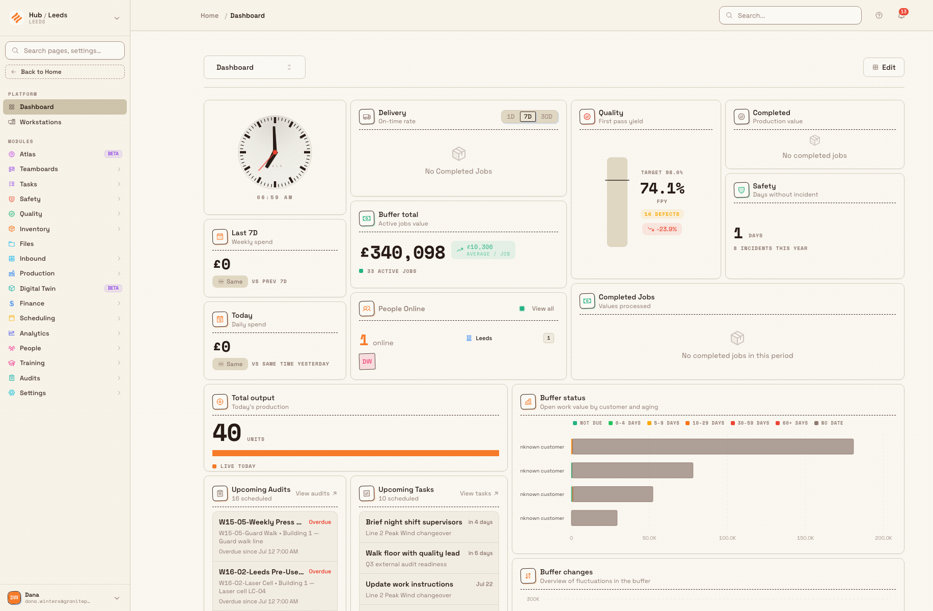 The Bulk Hub workspace showing the left navigation sidebar with PLATFORM and MODULES groups, the plant switcher at the top, and the header with search and a notifications bell.