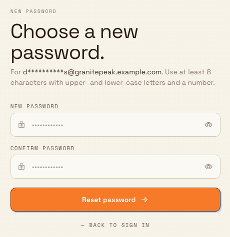 The Bulk reset-password form with New password and Confirm password fields and a Reset password button.