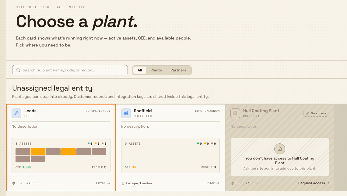 The Choose a plant screen with a Choose a plant masthead, a search and filter toolbar, and a grid of plant cards showing live metrics.