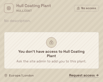 A locked plant card marked No access, with a padlock and a Request access link.