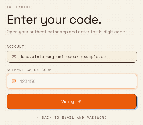 The Bulk two-factor step asking for a six-digit authenticator code, with an Authenticator code field and a Verify button.