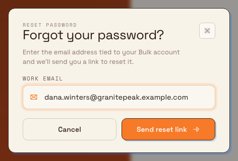 The Forgot your password modal with a Work email field and a Send reset link button.