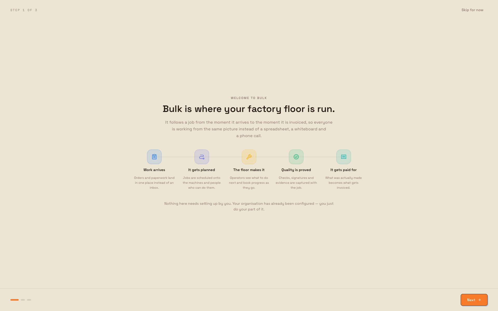 First page of the Bulk welcome showing five stages from incoming work to invoicing, with Skip for now and Next controls.