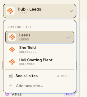 The open site switcher menu headed Switch site, listing plants with the current one checked, plus See all sites and a disabled Add new site option.