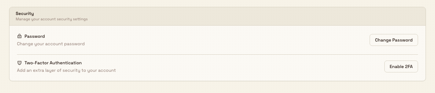 The Security section of the Bulk Account page showing the Two-Factor Authentication row and an Enable 2FA button.