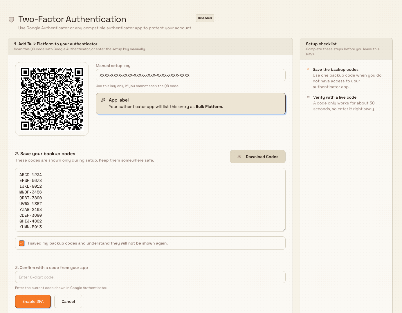 The Bulk two-factor setup screen with a QR code, a manual setup key, a list of backup codes, a confirmation checkbox, and a verification code field.