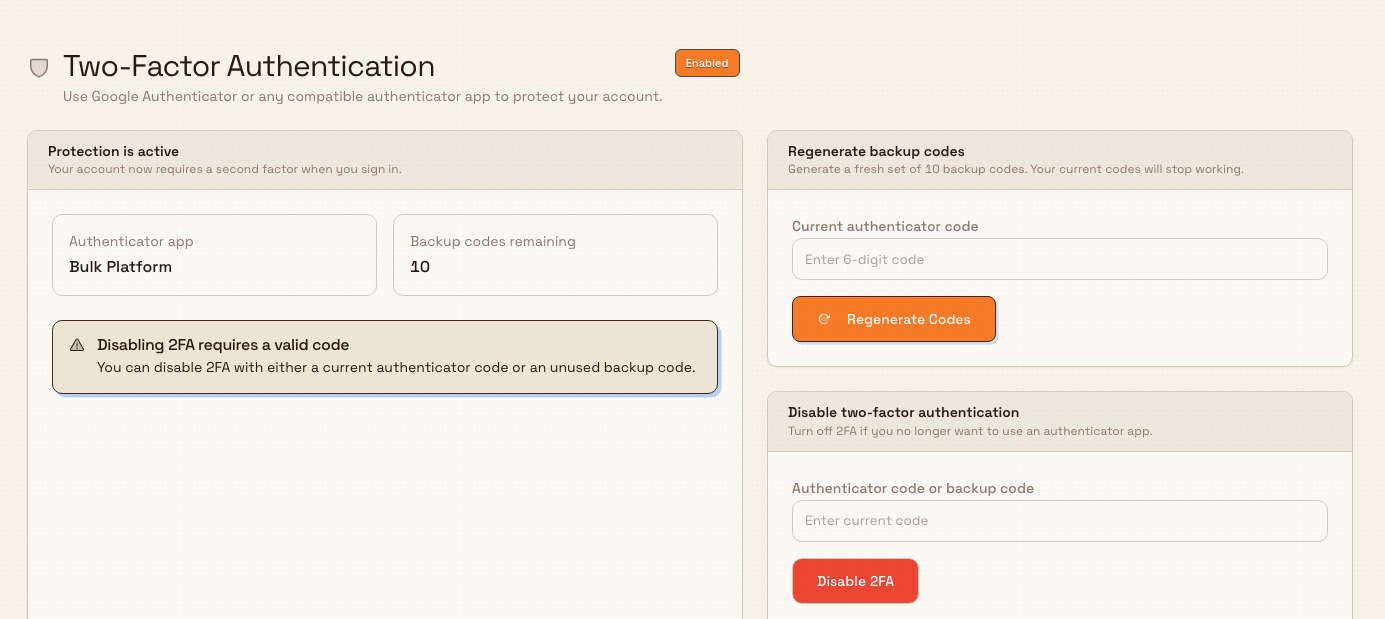 The Bulk two-factor page in its enabled state, showing Protection is active with options to regenerate backup codes or disable two-factor authentication.