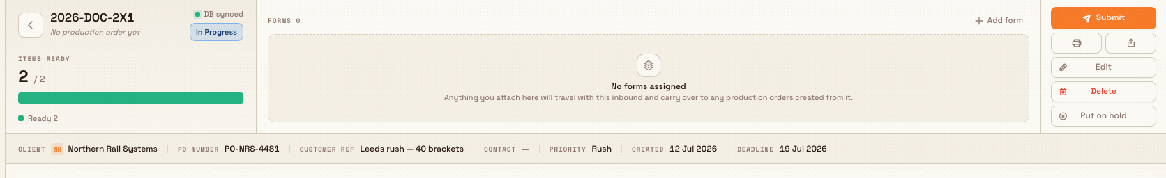 An inbound document header with the Submit button highlighted in the right-hand action column.