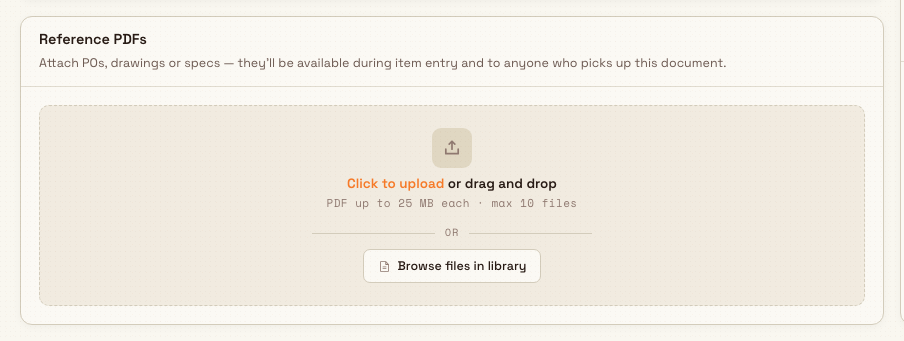 The Reference PDFs card on the new inbound document page with an empty upload dropzone and a Browse files in library button.