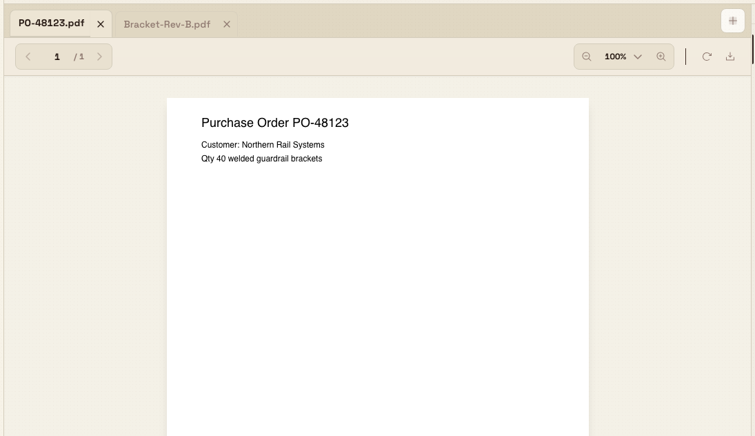 The inbound document detail view with two PDF attachment tabs and the selected purchase order PDF open in the viewer.