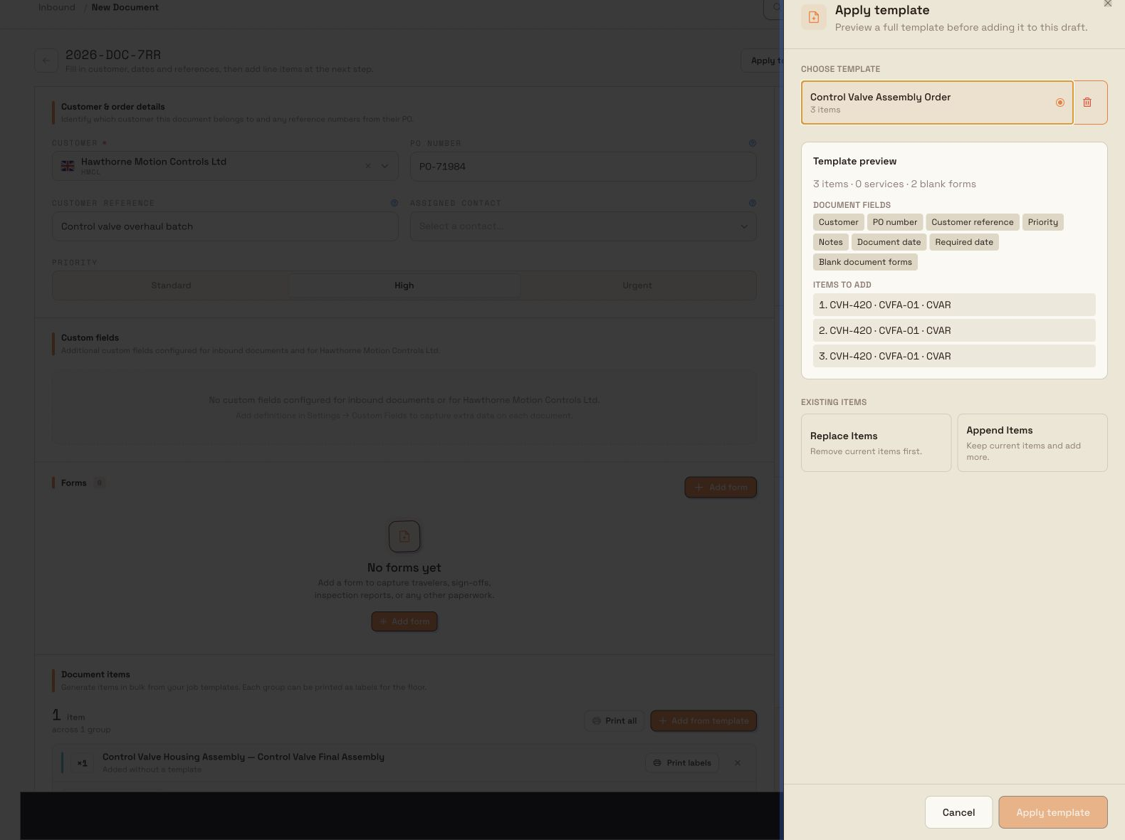 Apply template drawer previewing a three-item control valve order with two blank forms and replace or append choices.