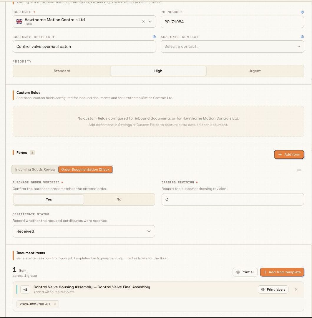 A saved inbound draft with two form tabs and a completed order documentation check.
